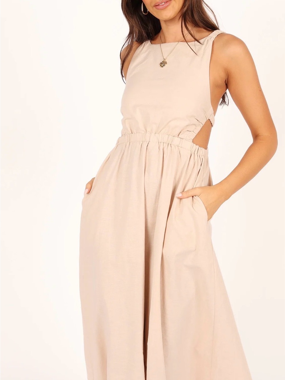 Petal & Pup Beige Linen-Blend Aubrey Cutout Pocket Midi Dress Size 8 boho - Picture 5 of 8